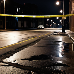 **

A dimly lit, rain-slicked street in Milwaukee at night. Crime scene tape surrounds a desolate area. In the background, the faint glow of city lights creates an atmosphere of unease. Focus on the stark contrast between the urban environment and the mystery of the unidentified victim. Emphasize the sense of a "Milwaukee Noir" aesthetic, suggesting a dark secret hidden beneath the city's facade.

**