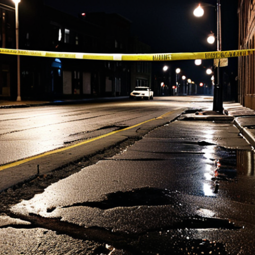 Home 8 **
A dimly lit, rain-slicked street in Milwaukee at night. Crime scene tape surrounds a desolate area. In the background, the faint glow of city lights creates an atmosphere of unease. Focus on the stark contrast between the urban environment and the mystery of the unidentified victim. Emphasize the sense of a "Milwaukee Noir" aesthetic, suggesting a dark secret hidden beneath the city's facade.
**