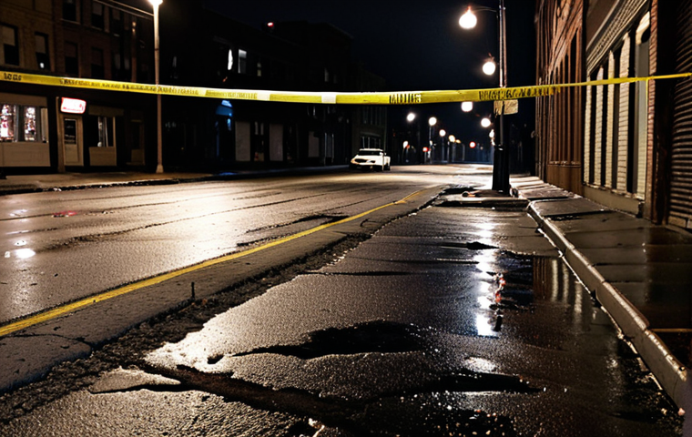 **
A dimly lit, rain-slicked street in Milwaukee at night. Crime scene tape surrounds a desolate area. In the background, the faint glow of city lights creates an atmosphere of unease. Focus on the stark contrast between the urban environment and the mystery of the unidentified victim. Emphasize the sense of a "Milwaukee Noir" aesthetic, suggesting a dark secret hidden beneath the city's facade.
**