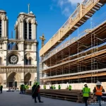 Home 10 파리 노트르담 화재의 배후 - **Prompt:** A majestic, wide-angle view of the Notre-Dame Cathedral's ongoing reconstruction, showca...