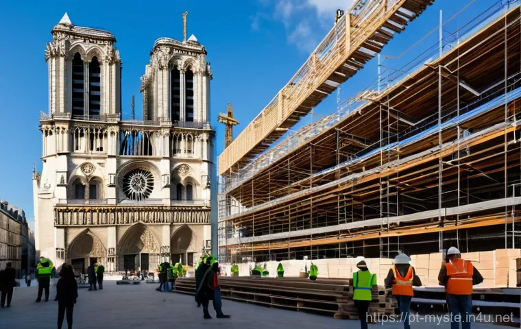 파리 노트르담 화재의 배후 - **Prompt:** A majestic, wide-angle view of the Notre-Dame Cathedral's ongoing reconstruction, showca...