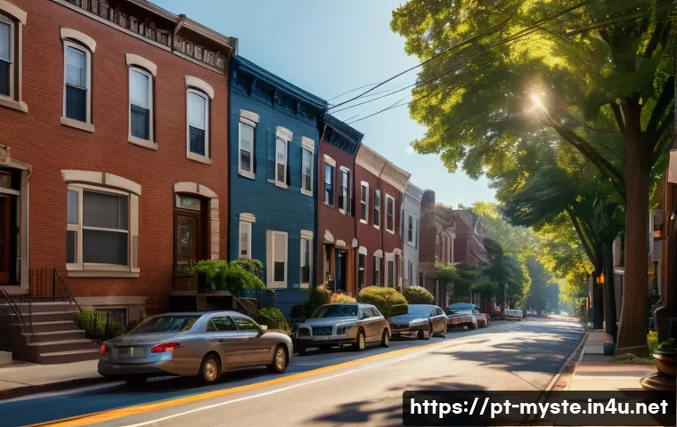 찰리 로스 유괴 사건 - A serene, sun-drenched street in a bustling Philadelphia neighborhood in